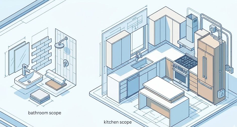 An isometric illustration comparing remodeling materials, showing more complex items for a kitchen versus a bathroom.